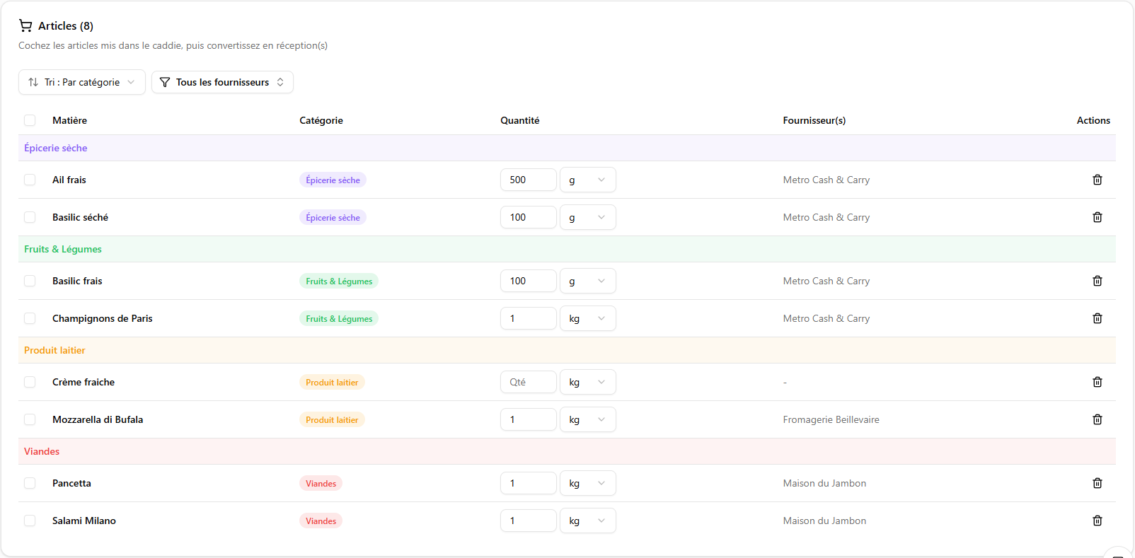 Liste d'achats Andree — matières groupées par catégorie